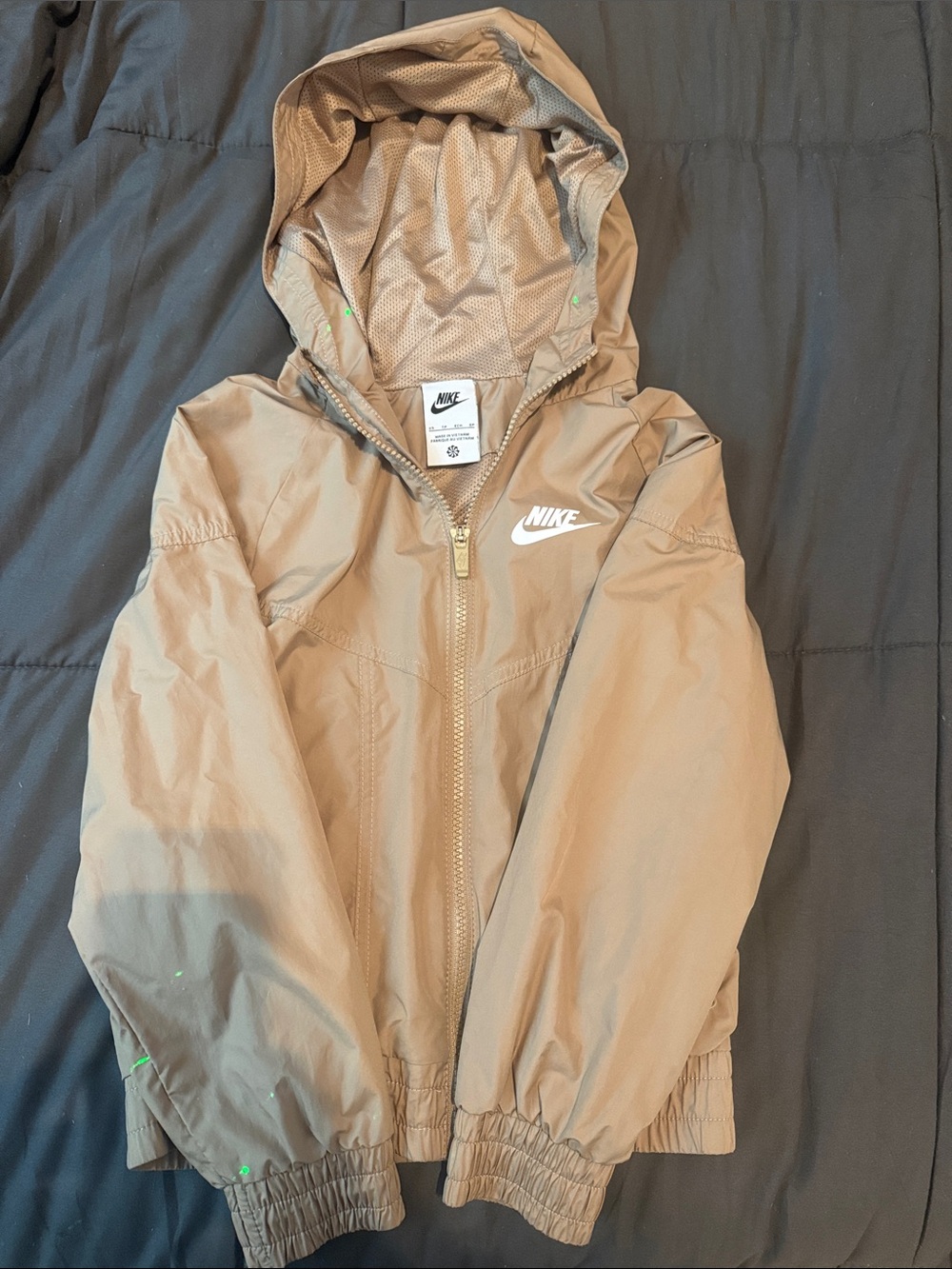 Nike Kids Hooded Rain Jacket in Tan with White Logo